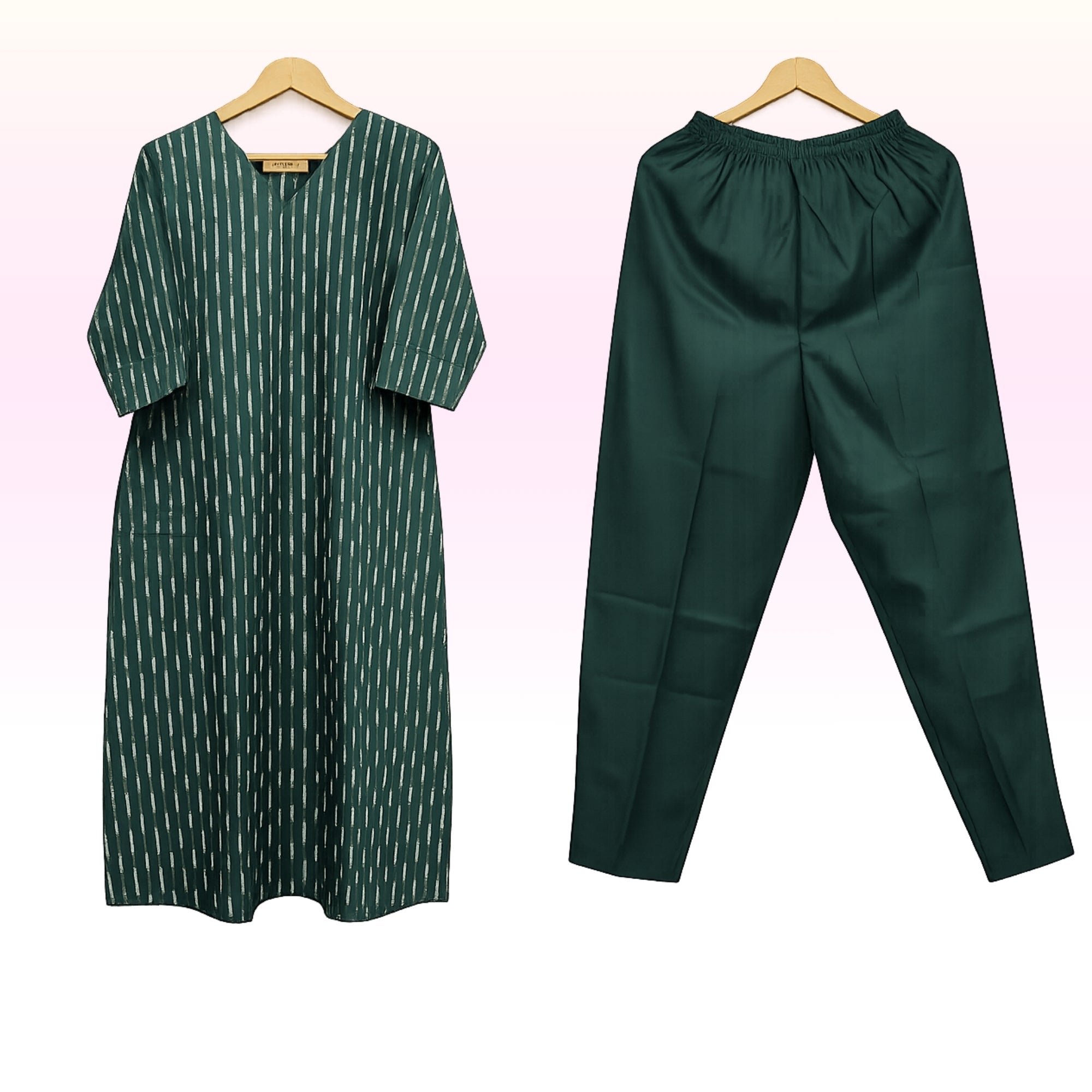 Women’s Green Printed Straight Kurta with Solid Elastic Waist Pant Set | Comfortable Daily & Office Wear