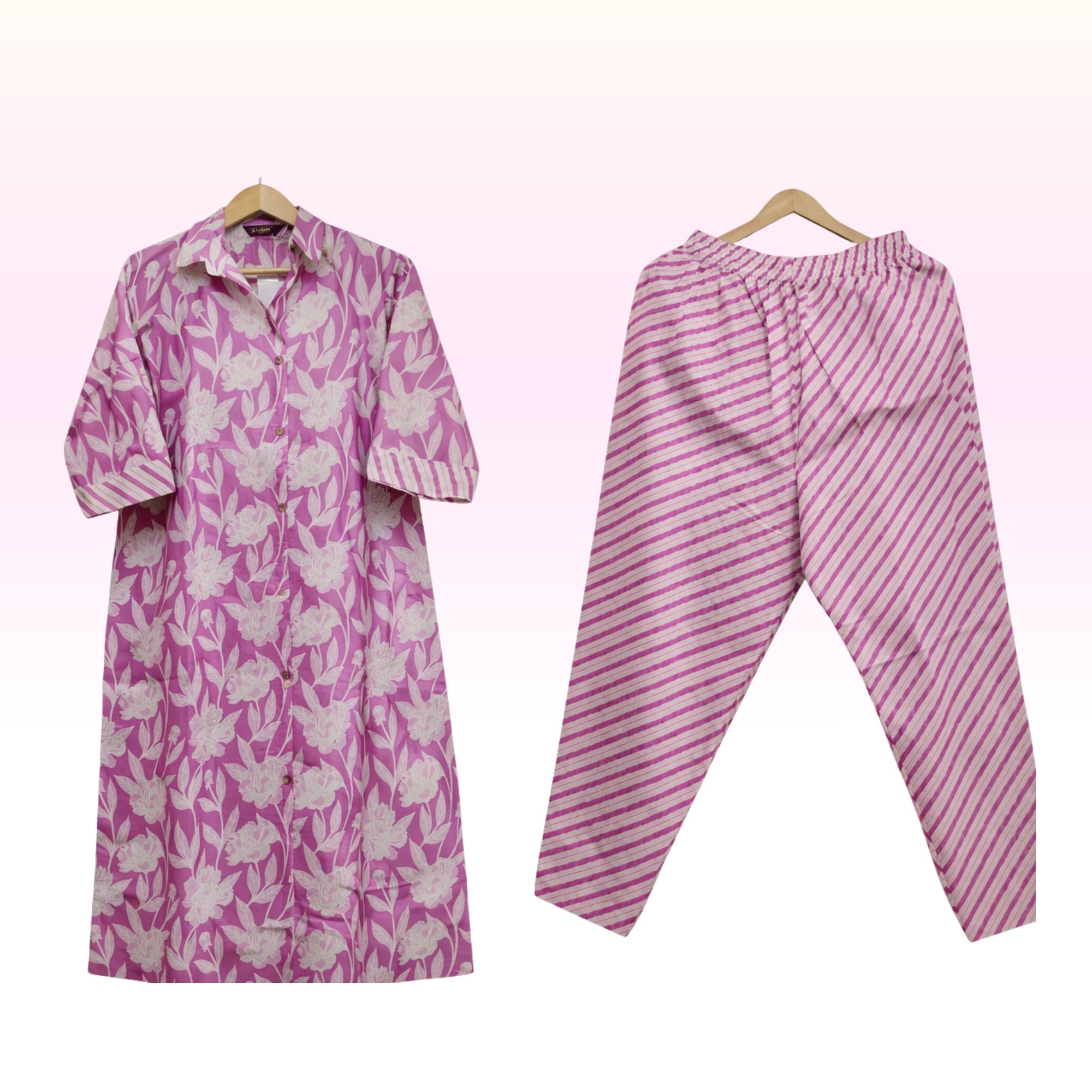 Women’s Pink Printed Cotton Co-Ord Set | Round Neck 3/4 Sleeve Top with Elastic Waist Bottom | Regular Wear Outfit