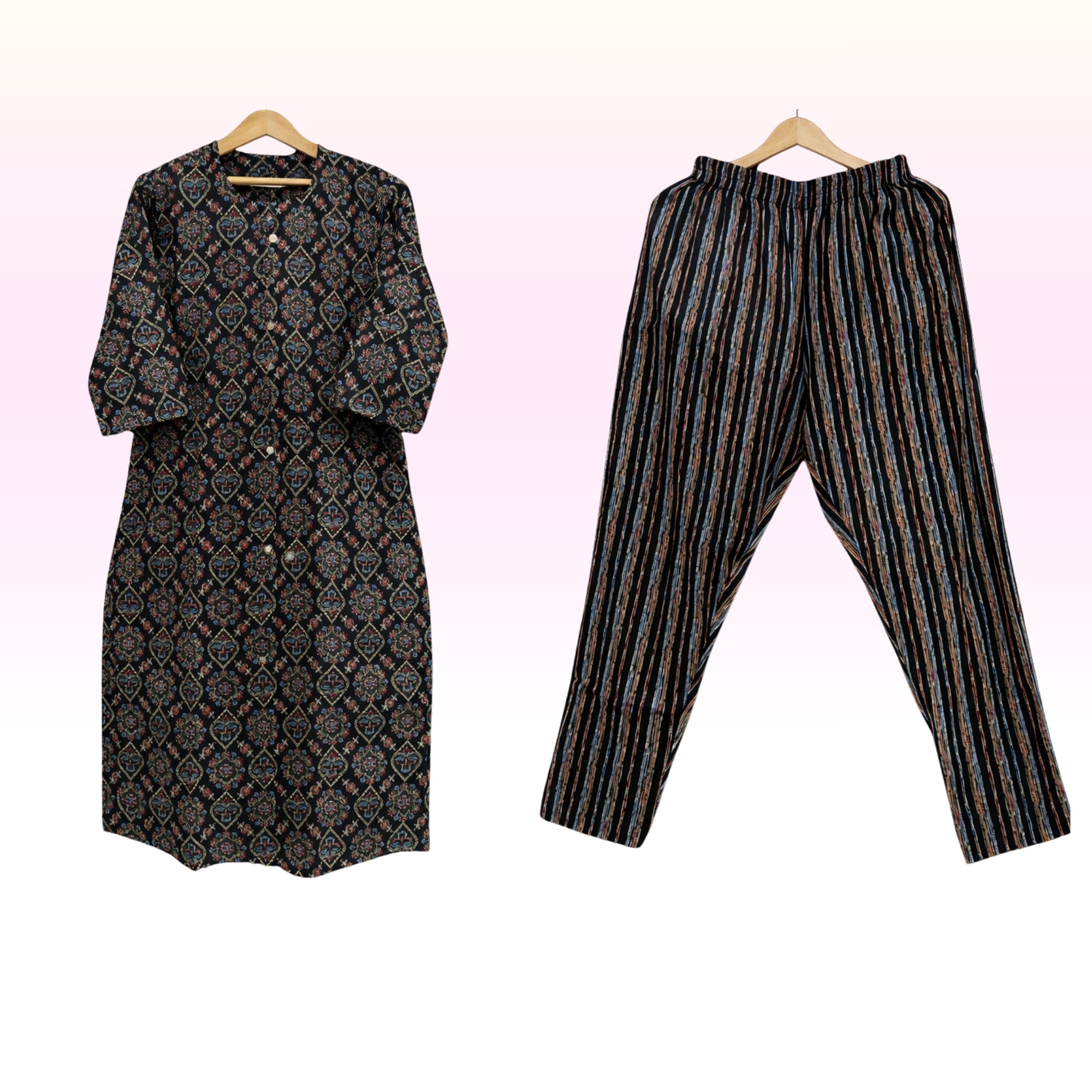 Women’s Black Printed Cotton Co-Ord Set | Stitched Kurti Top & Striped Bottom | Round Neck, 3/4 Sleeves