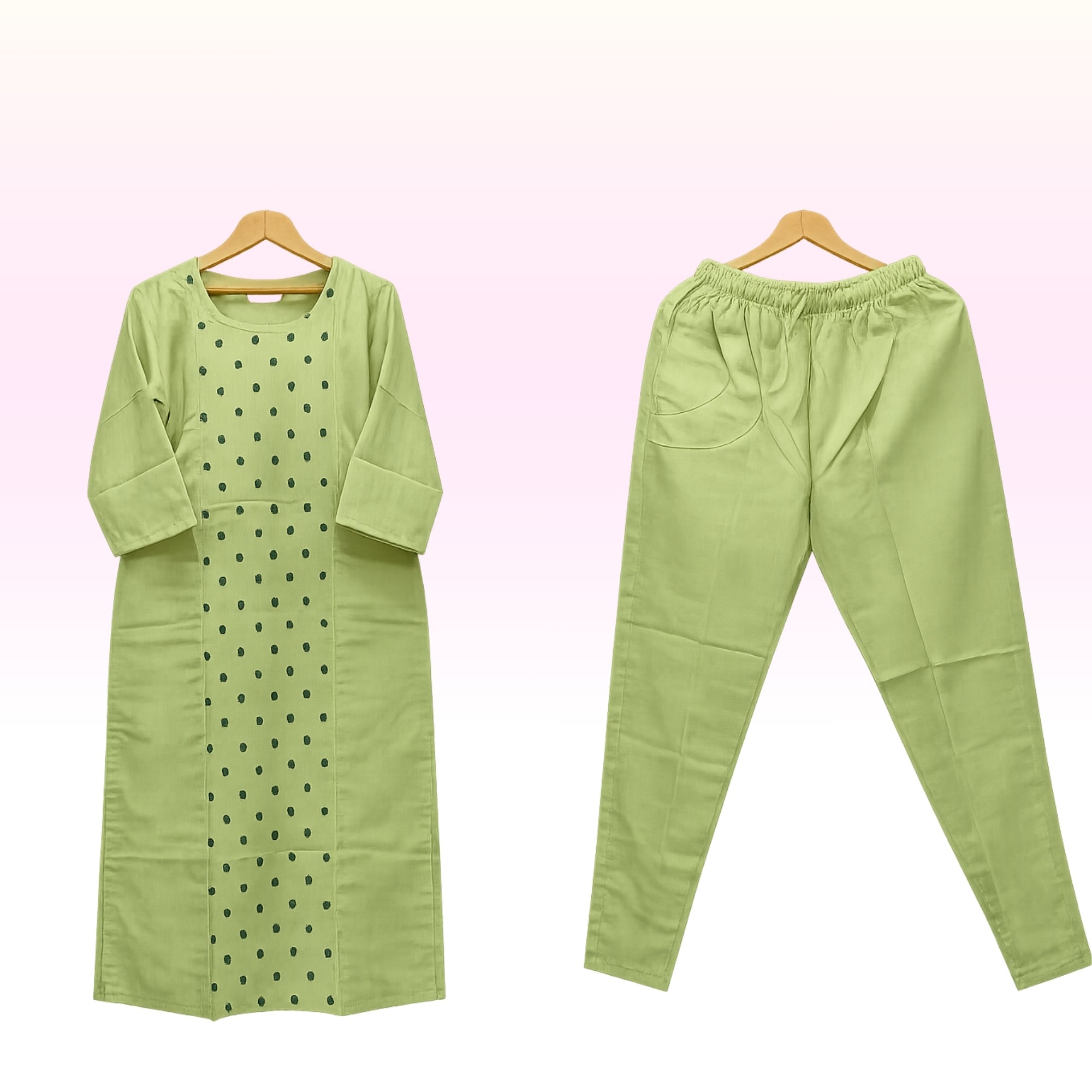 Women’s Light Green Cotton Co-Ord Set – Round Neck Kurti with Matching Bottom | Regular Wear