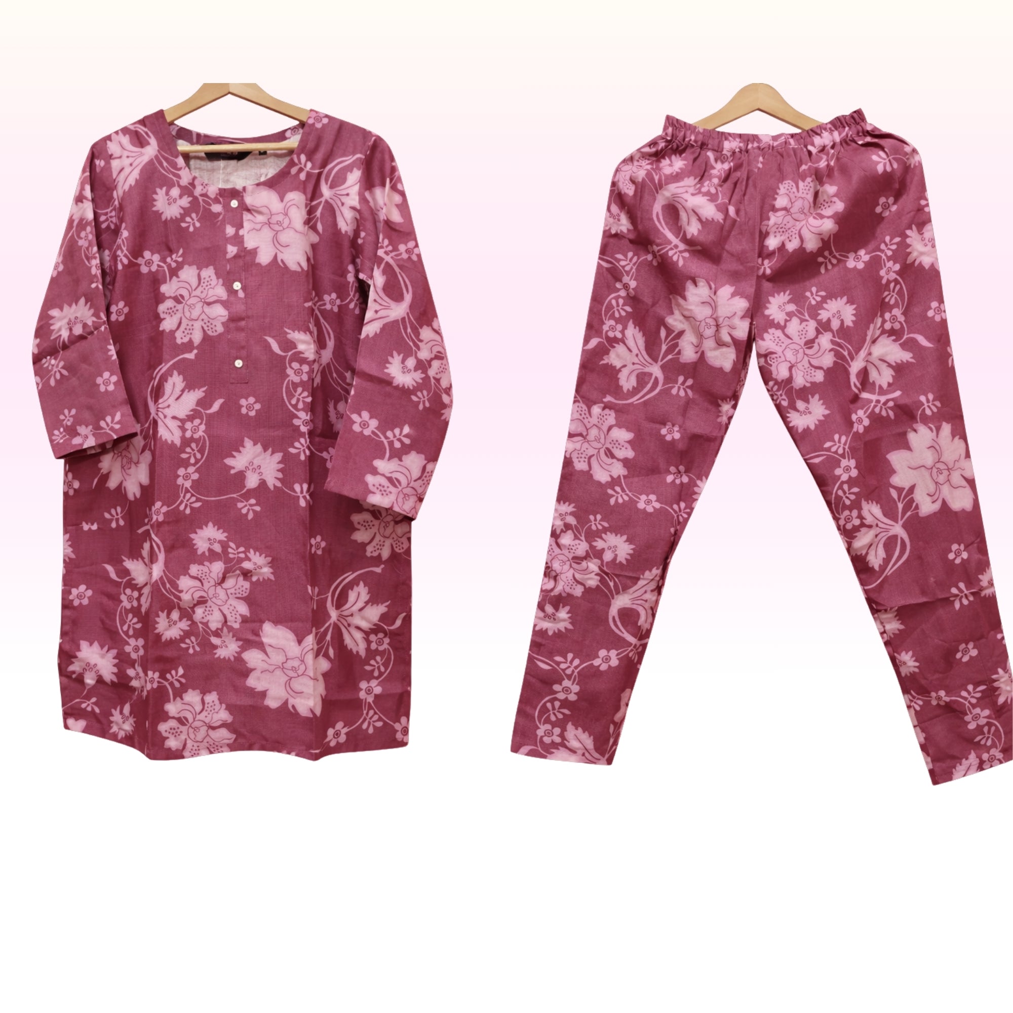 Women’s Onion Pink Floral Cotton Co-Ord Set | Round Neck Top & Elastic Waist Bottom | Regular Wear
