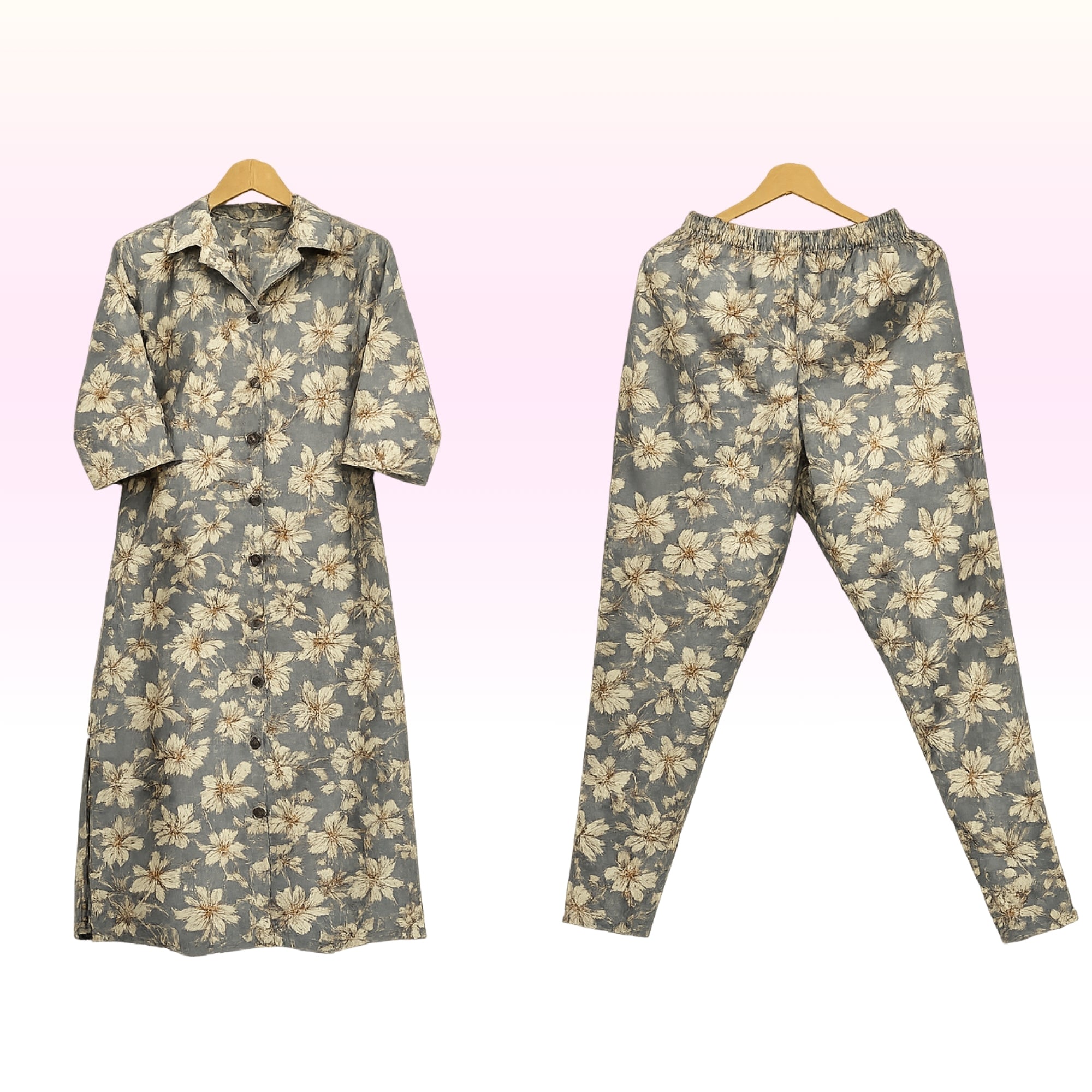 Grey Floral Printed Cotton Co-Ord Set for Women – Collared Neck Top & Elastic Waist Pants
