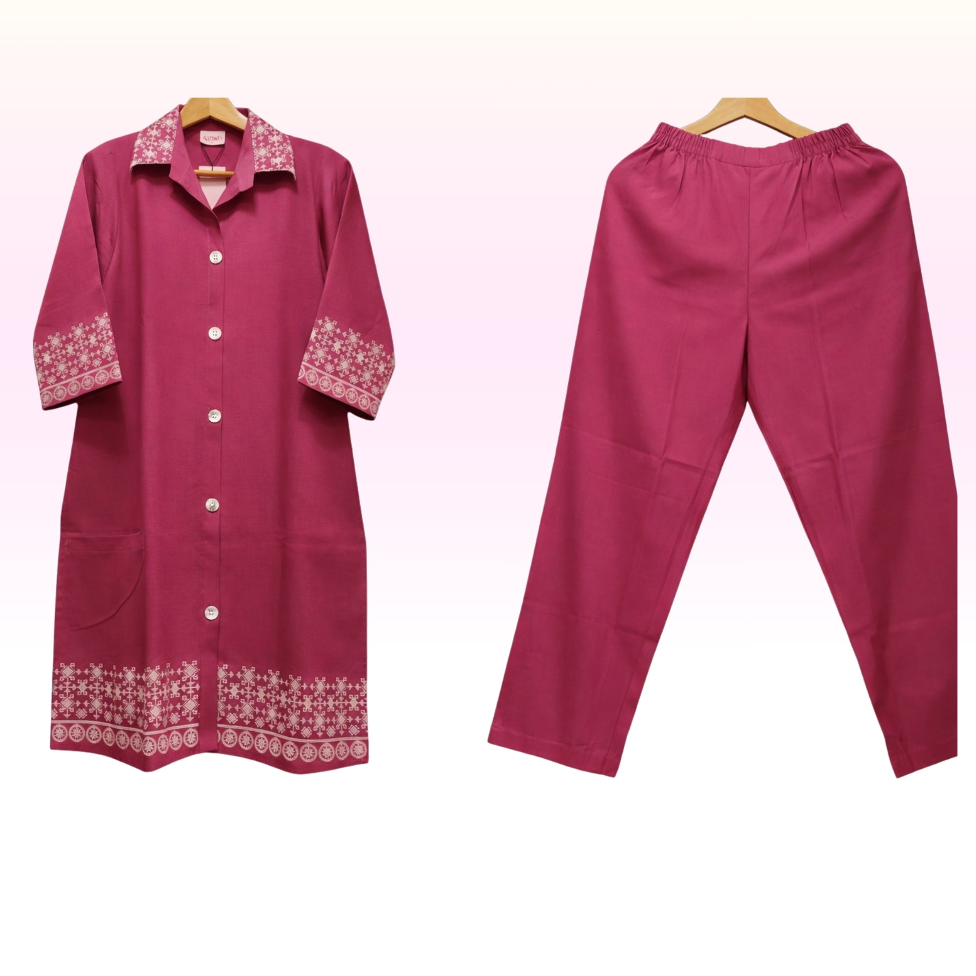 Women’s ONION Pink Cotton Co-Ord Set with Collar Neck Kurti & Straight Pants