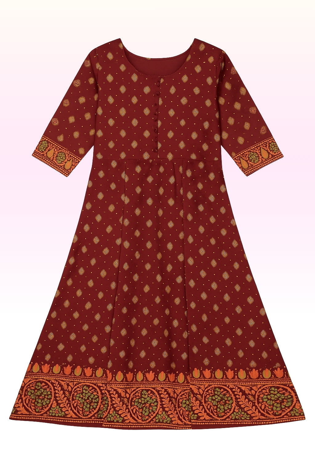 Women's Maroon Printed Umbrella Kurthi – Stitched Cotton Kurthi with 3/4 Sleeves & Ethnic Border Design