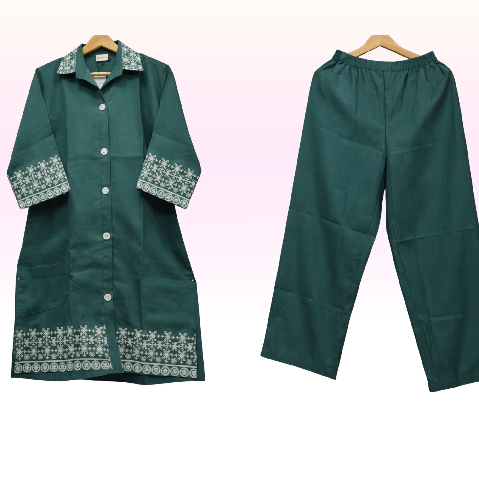 Women’s Dark Green Cotton Co-Ord Set with Collared Kurti & Elastic Waist Pants