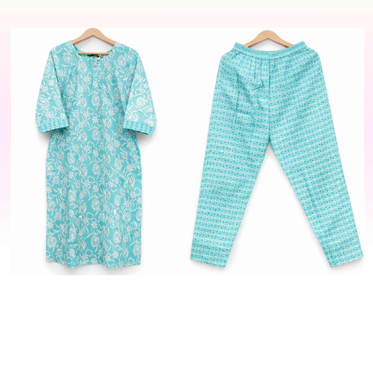 Aqua Blue Floral Cotton Co-Ord Set for Women – Printed Top & Elastic Waist Pant