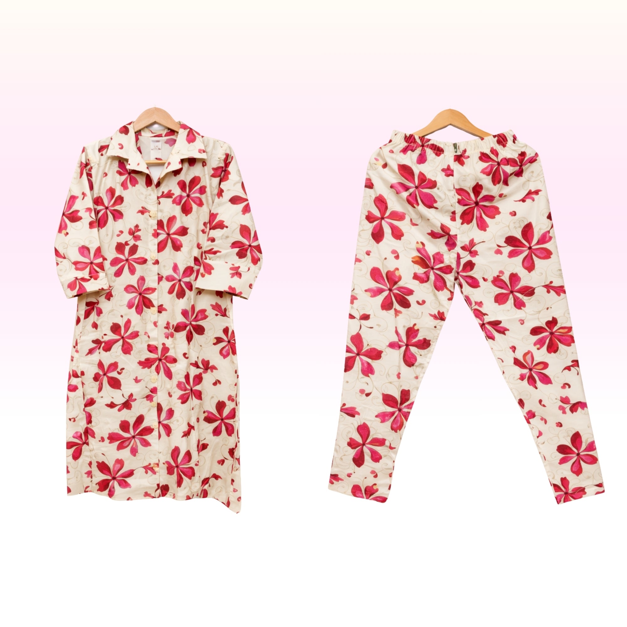 Women’s Camel with pink Floral Printed Kurta Pant Set – Cotton Fabric, Regular Wear