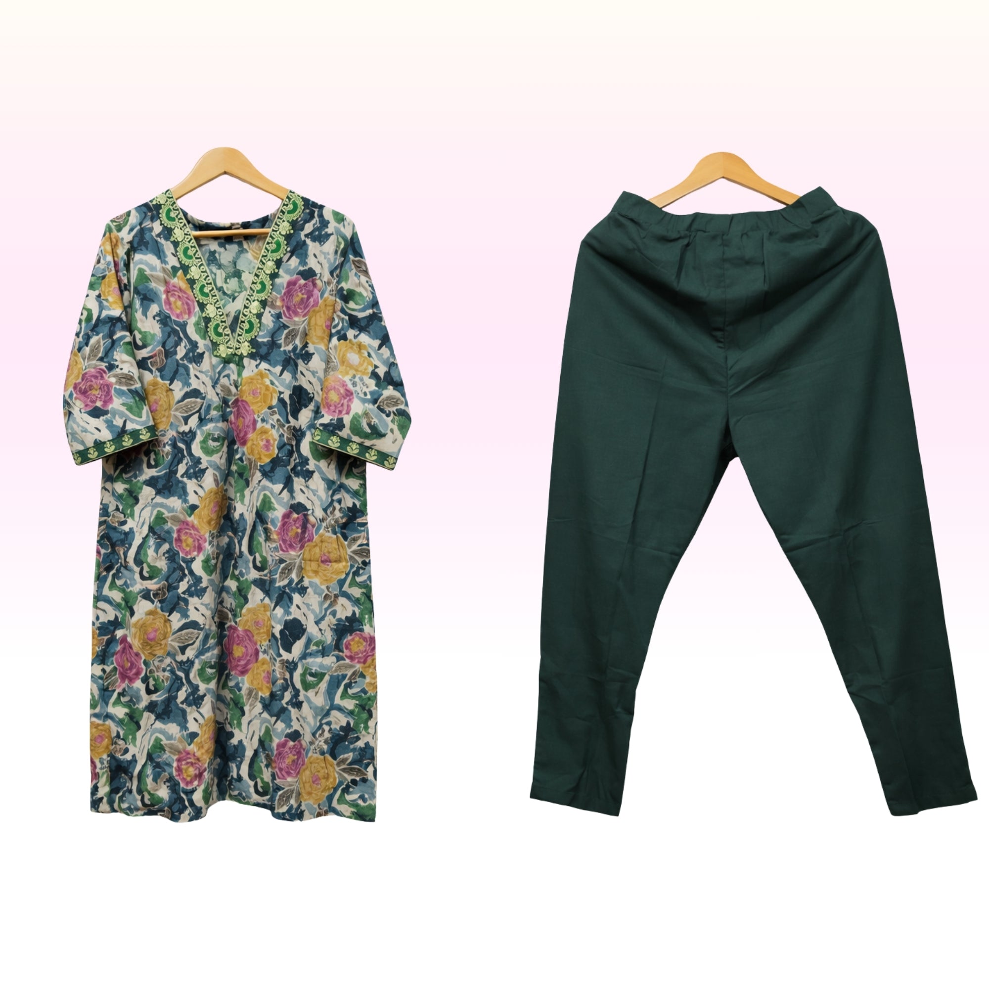 Women’s Floral Printed Kurta with Solid Pant Set – Cotton Blend, Regular Wear