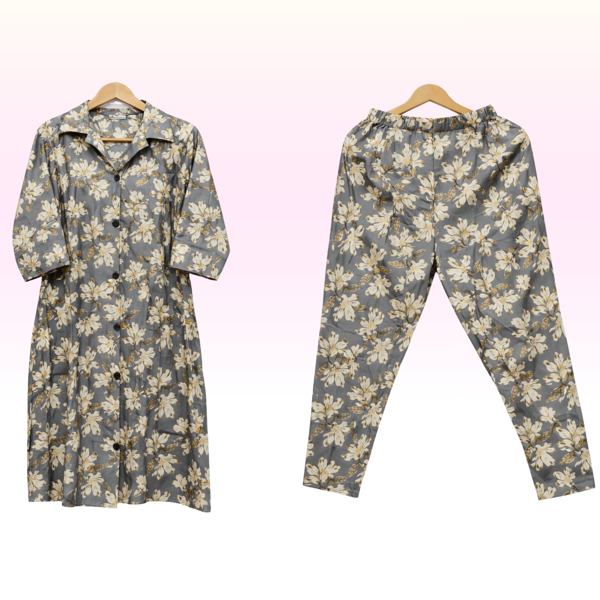 Grey Floral Printed Cotton Kurta Pant Co-Ord Set for Women – Regular Wear