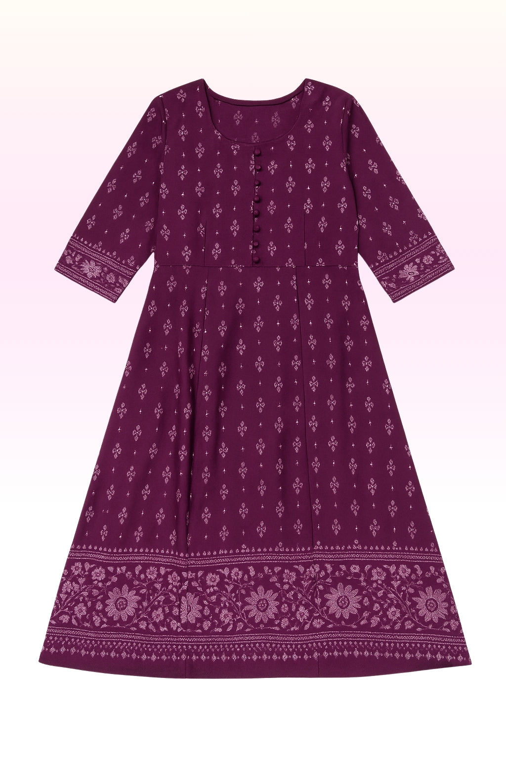 Women’s Purple Printed Umbrella Kurthi – Cotton Stitched Kurthi with 3/4 Sleeves & Floral Border Design