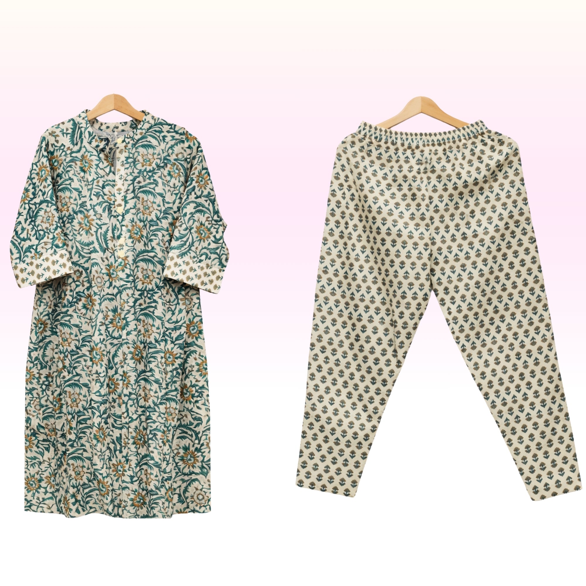 Green with Sandel Elegant Printed Cotton Kurta Pant Set for Women – Regular Wear