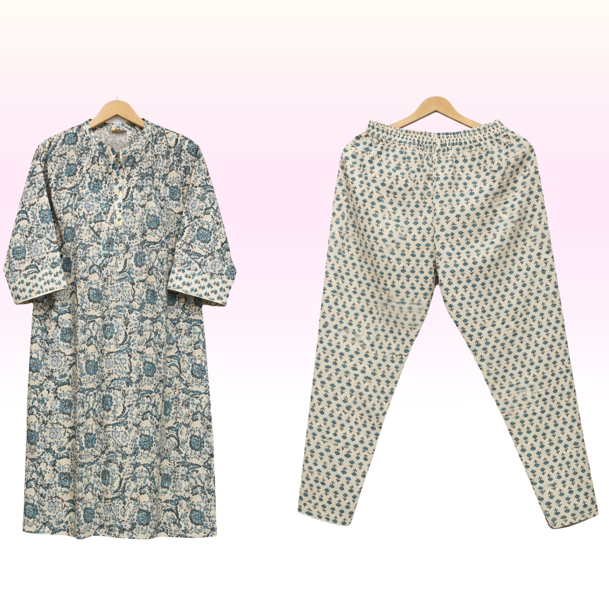 Green with Blue Floral Printed Cotton Kurta Pant Set for Women – Straight Fit, Everyday Comfort