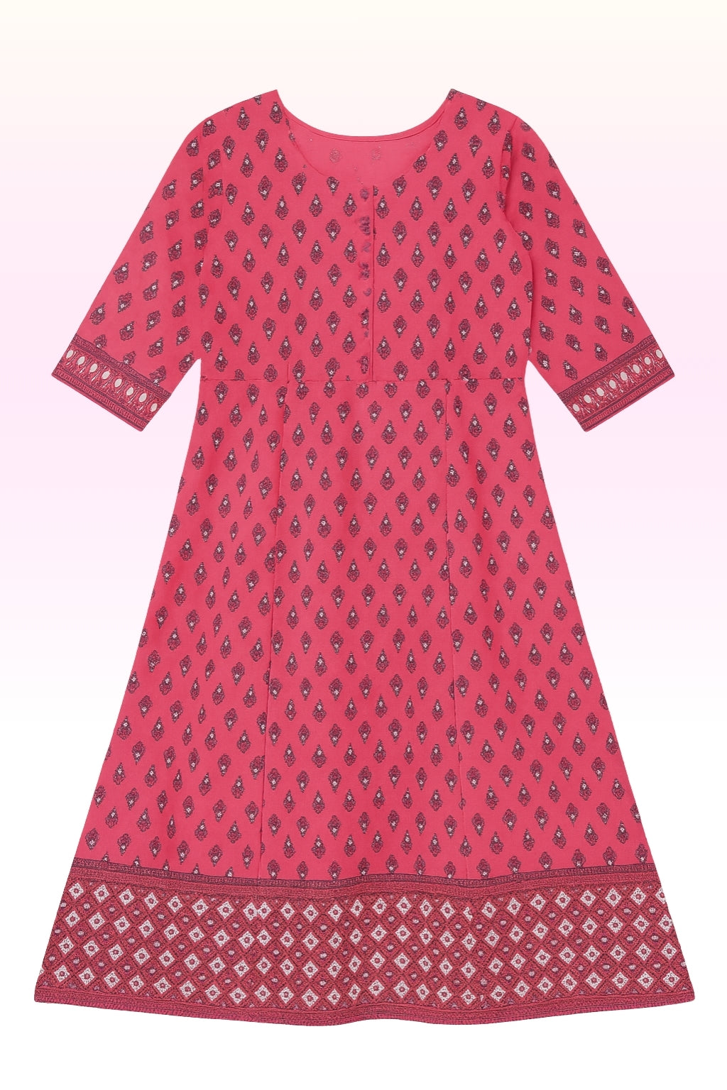 Women’s Pink Printed Umbrella Kurthi – Cotton Stitched Kurti with 3/4 Sleeves & Ethnic Border Design