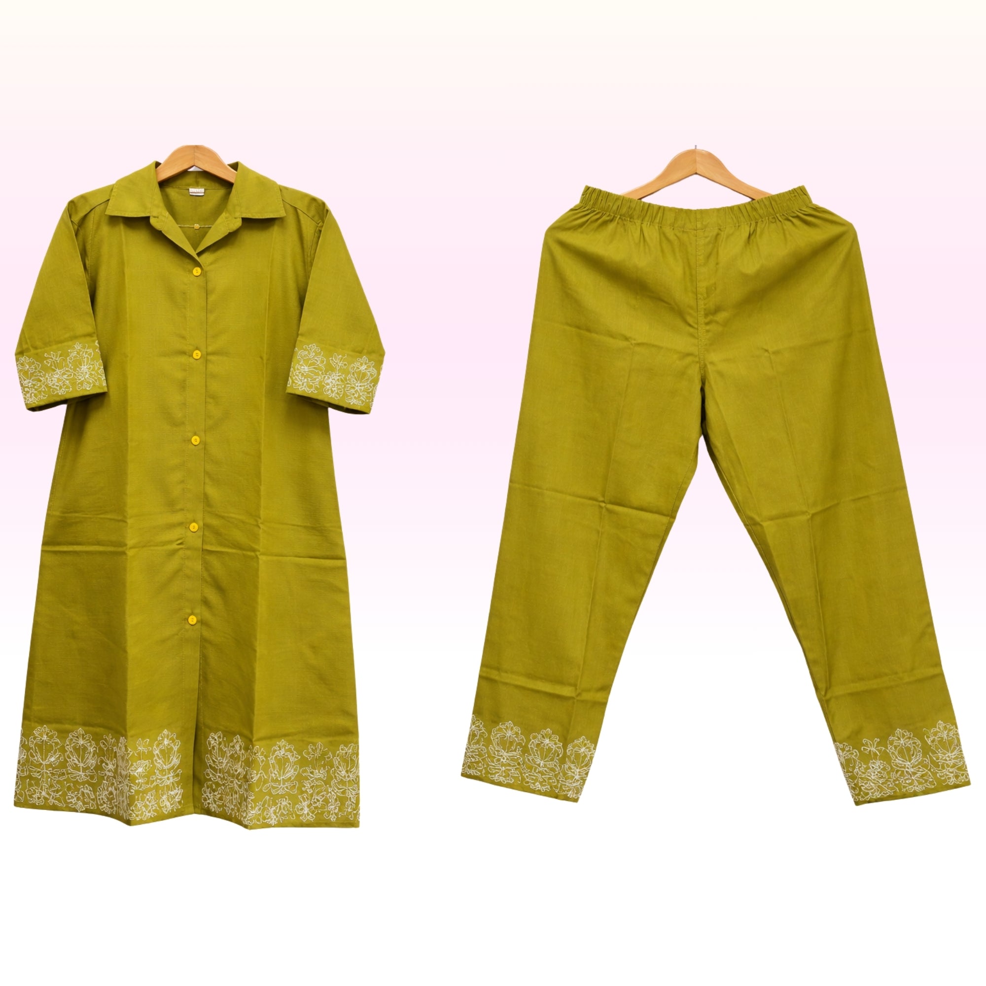 Olive Green Cotton Kurta Pant Set with Embroidered Hem – Regular Wear