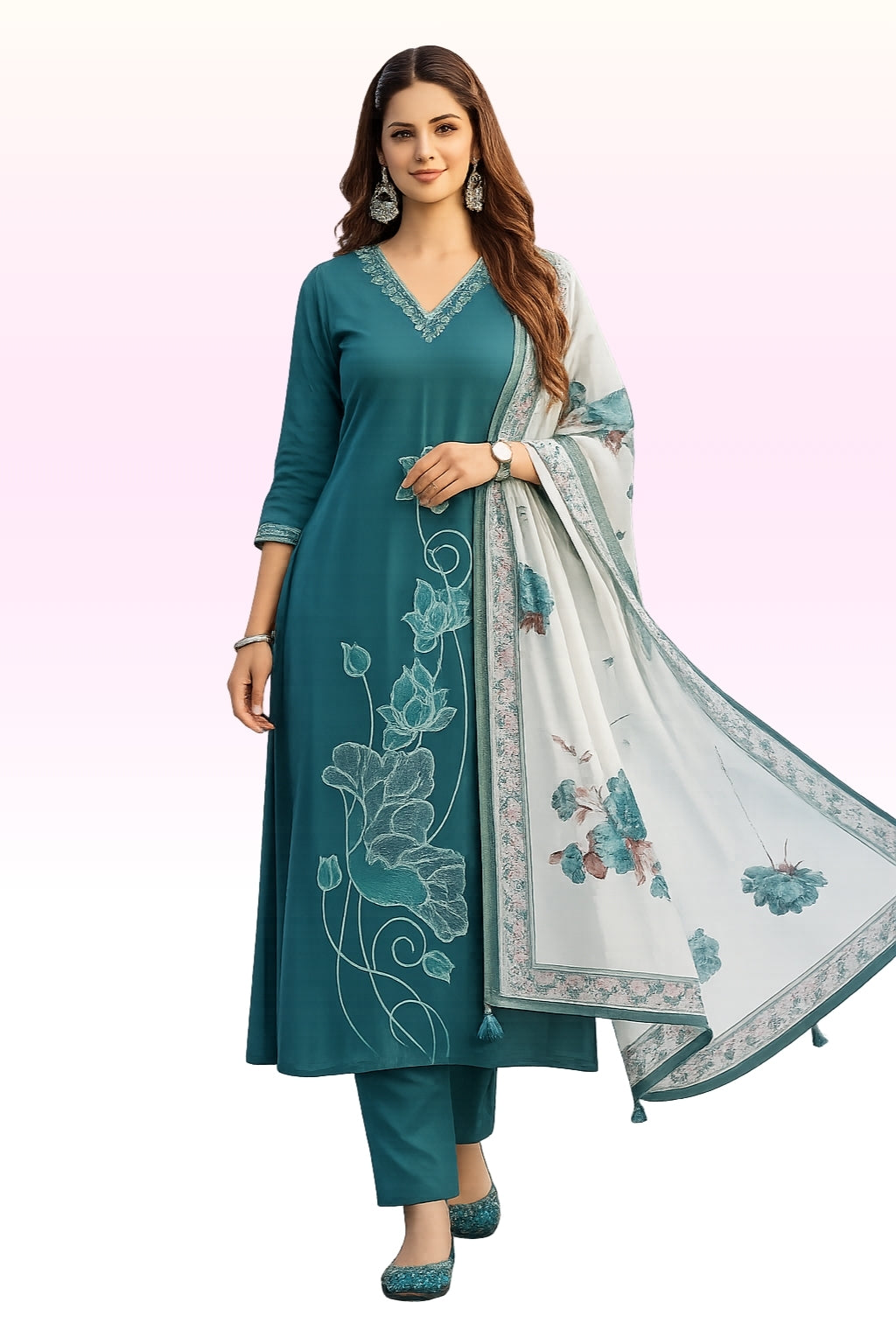 Women’s Teal Green Vatican Salwar Suit with Floral Dupatta