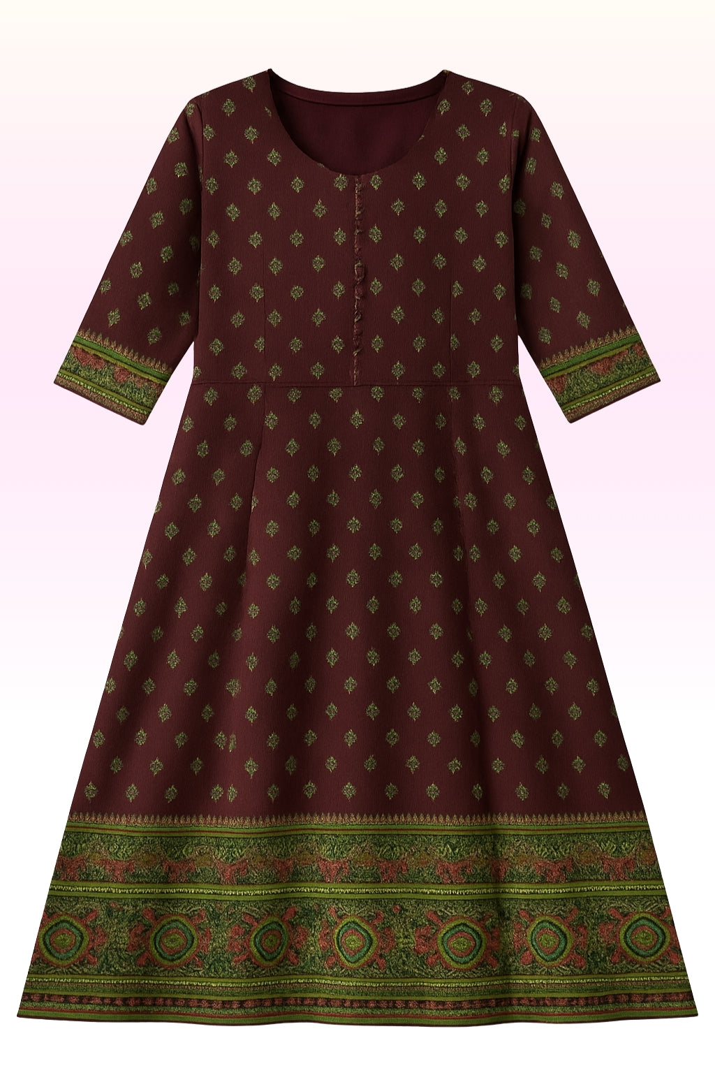 Women’s Maroon Printed Umbrella Kurthi – Cotton Stitched Kurti with 3/4 Sleeves & Contrast Floral Border