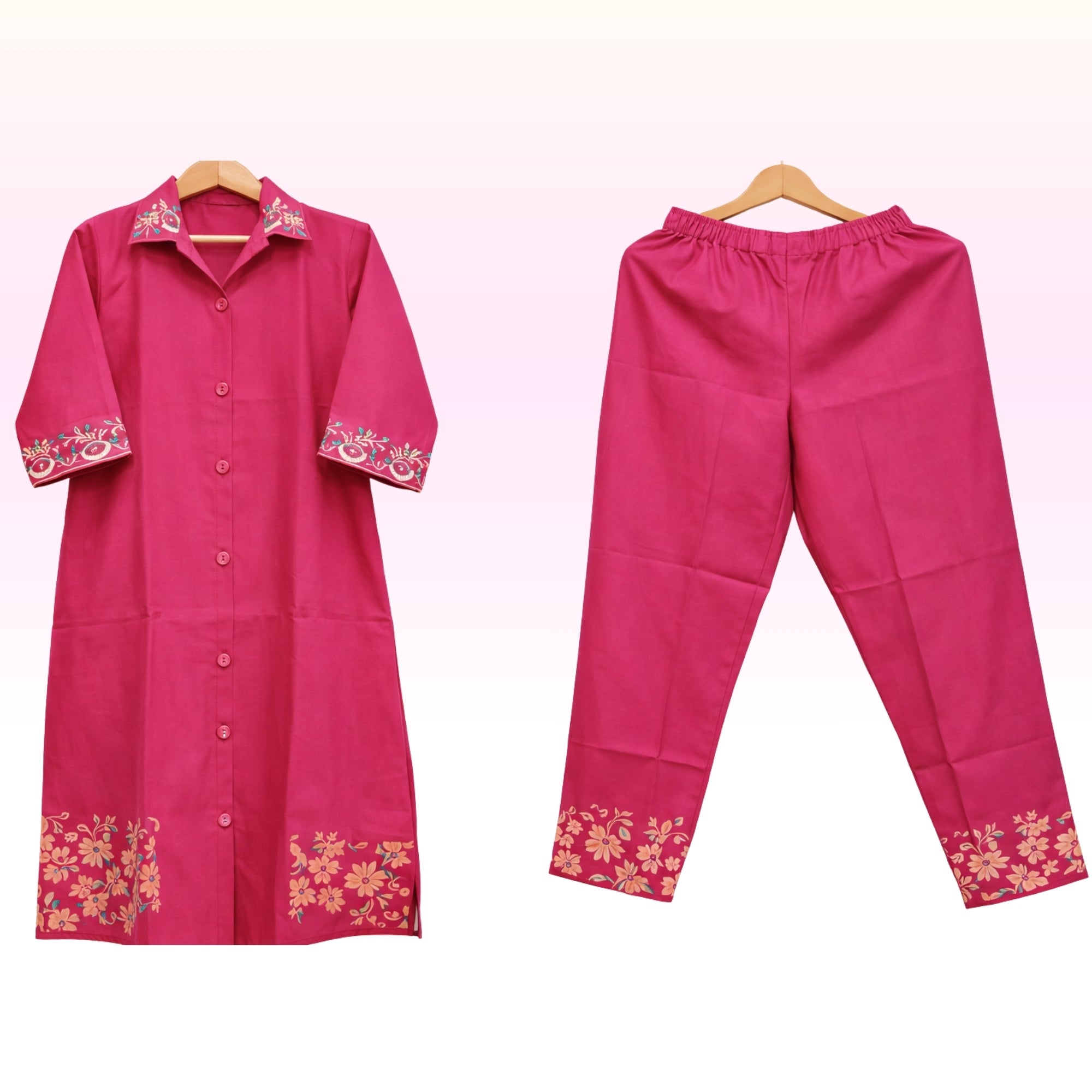 Pink Floral Cotton Lycra Kurta Pant Set | Straight Pant | Regular Wear