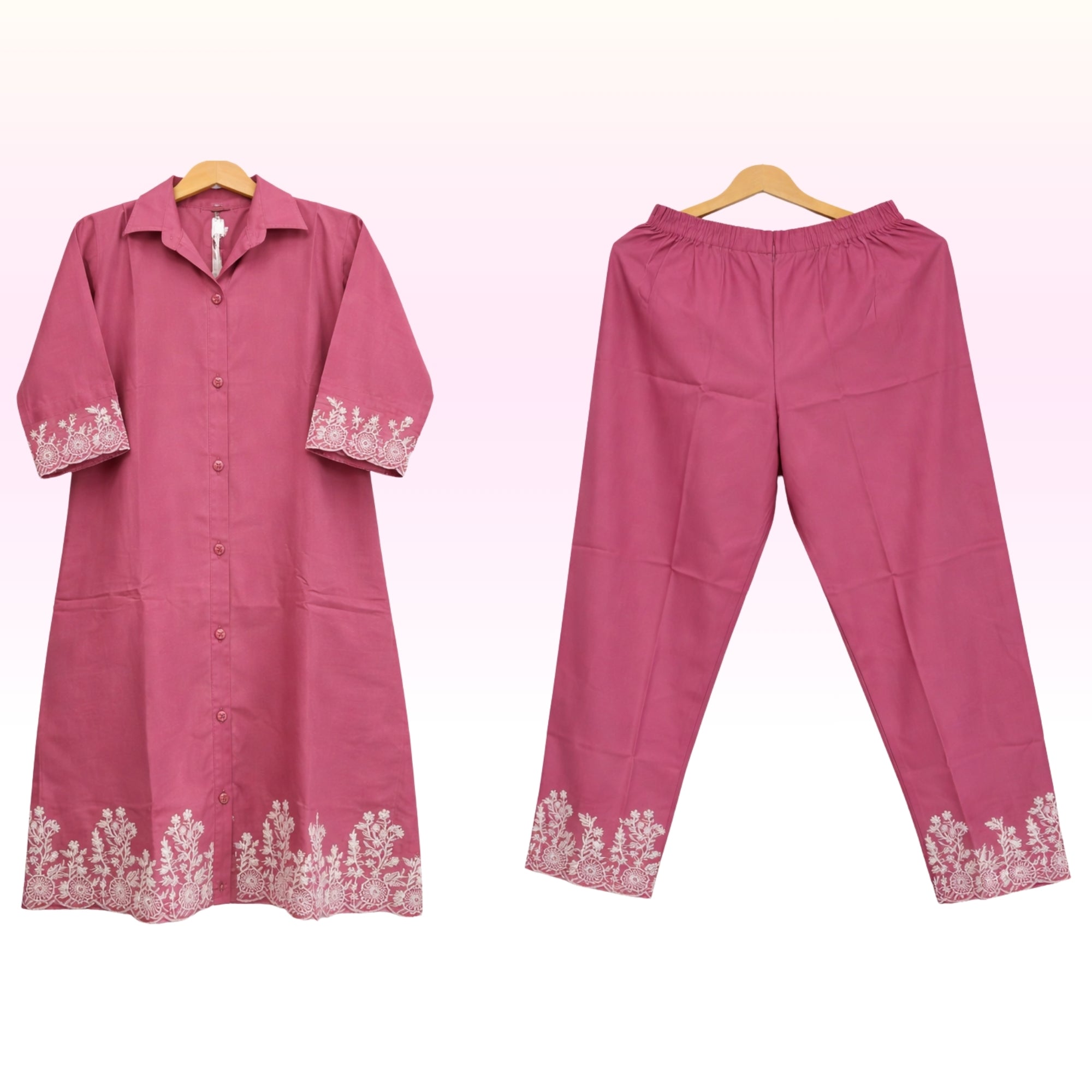 Women’s Solid Pink Cotton Kurta Pant Set with Elegant Embroidery – Regular Wear