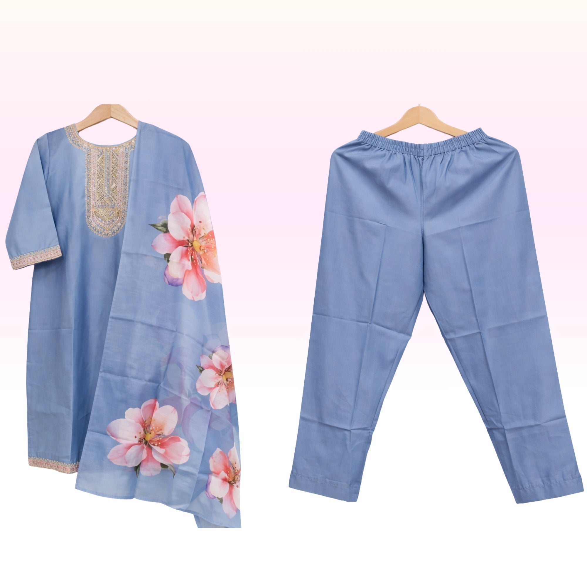 Light Blue Floral Print Cotton Lycra Kurta Pant Set for Women – Straight Fit, Regular Wear