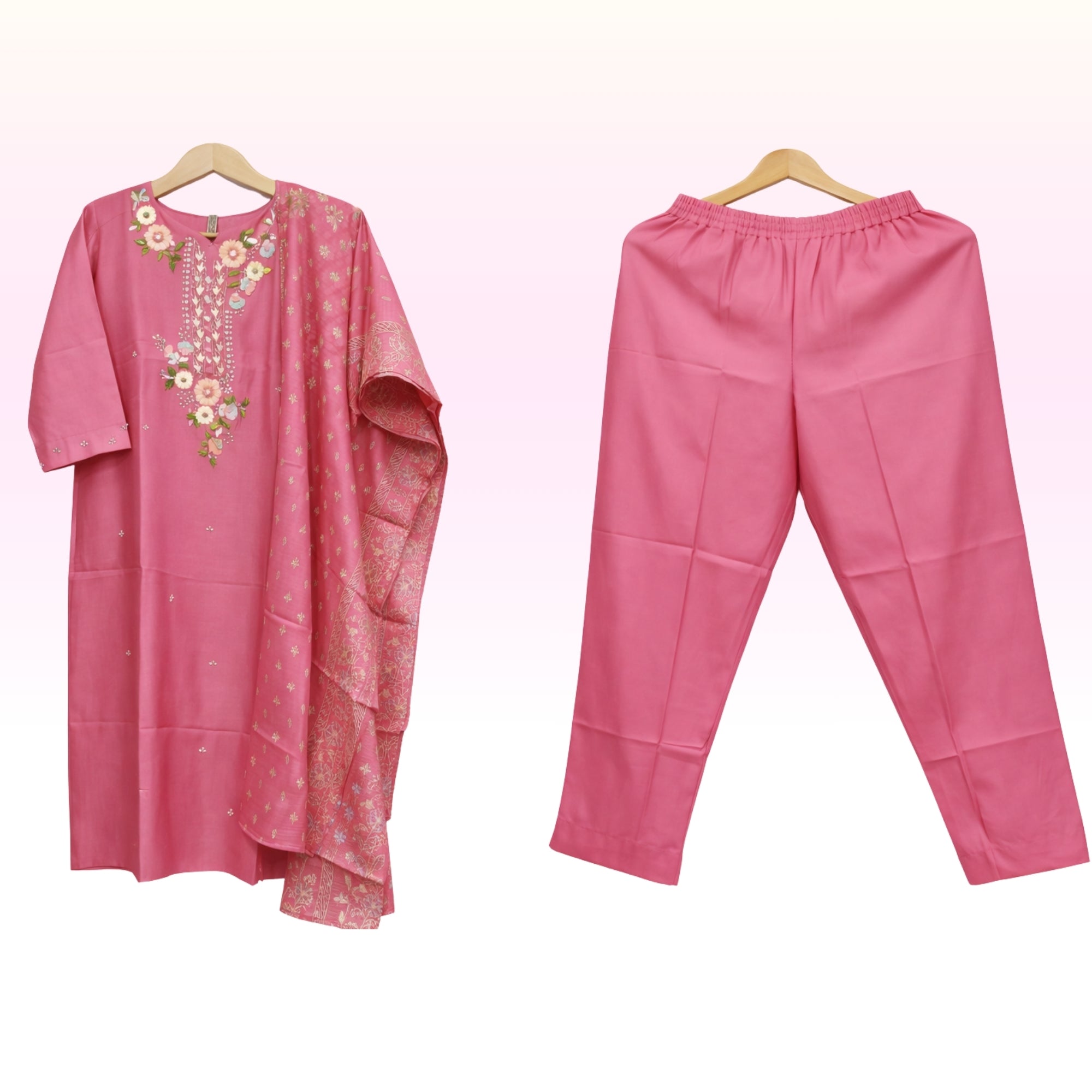 Women’s Pink Embroidered Kurta Set with Dupatta & Straight Pants – Festive & Elegant Wear