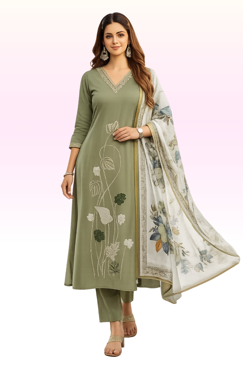 Women’s Olive Green Vatican Salwar Suit with Floral Dupatta