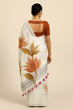 White Linen Cotton Saree with Floral Print & Pink Tassels