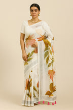 White Linen Cotton Saree with Floral Print & Pink Tassels