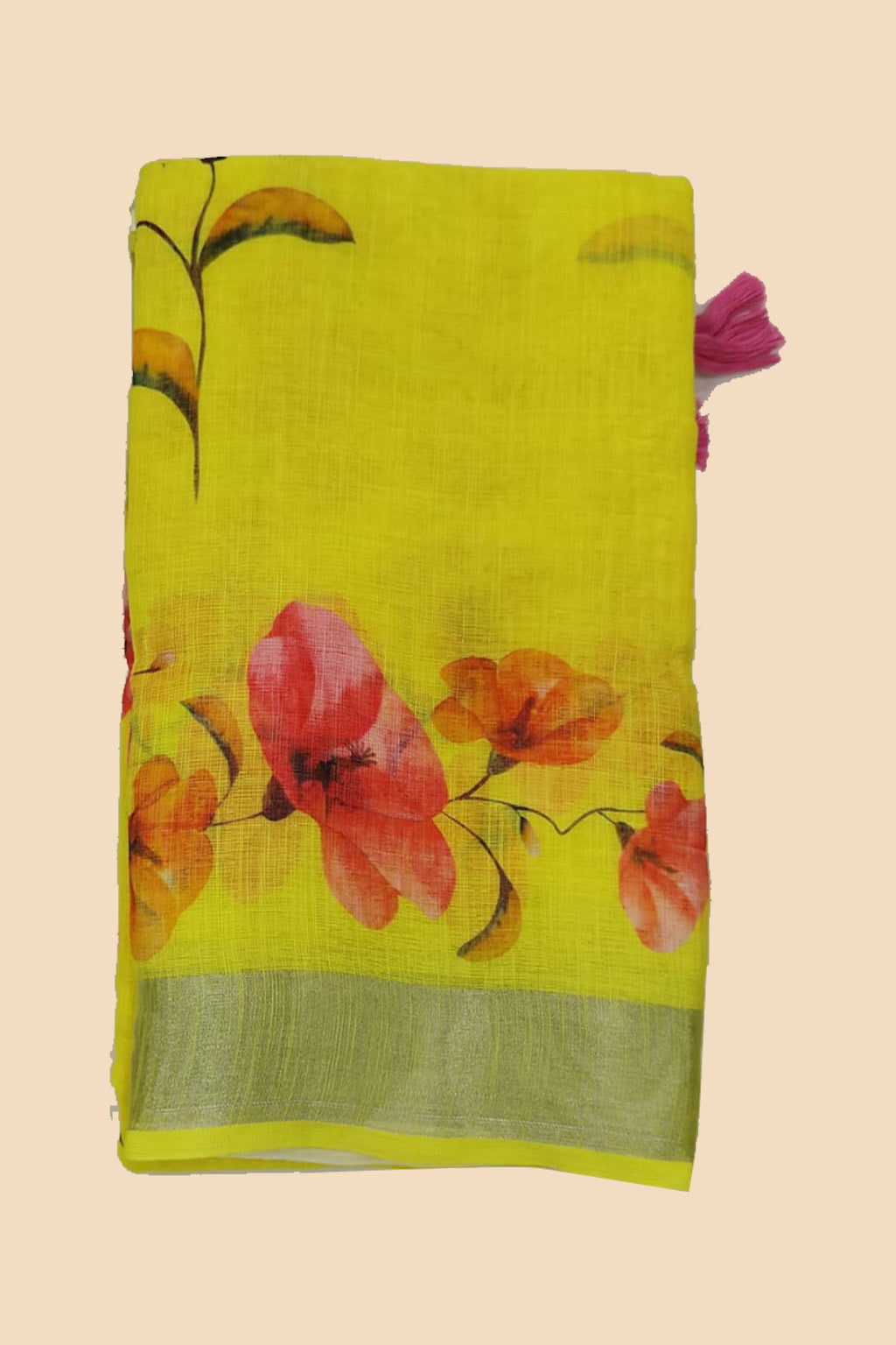 Yellow Linen Cotton Saree with Floral Print & Silver Border