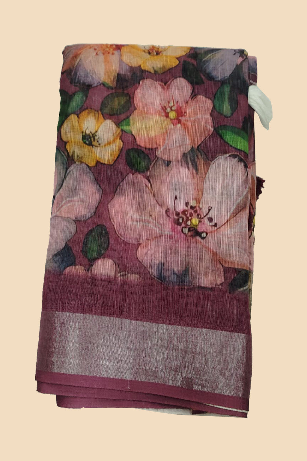 Maroon Linen Cotton Saree with Large Floral Print & Silver Border