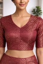 Maroon Silk Brocade Saree Blouse with Deep U-Back & V-Neck Design