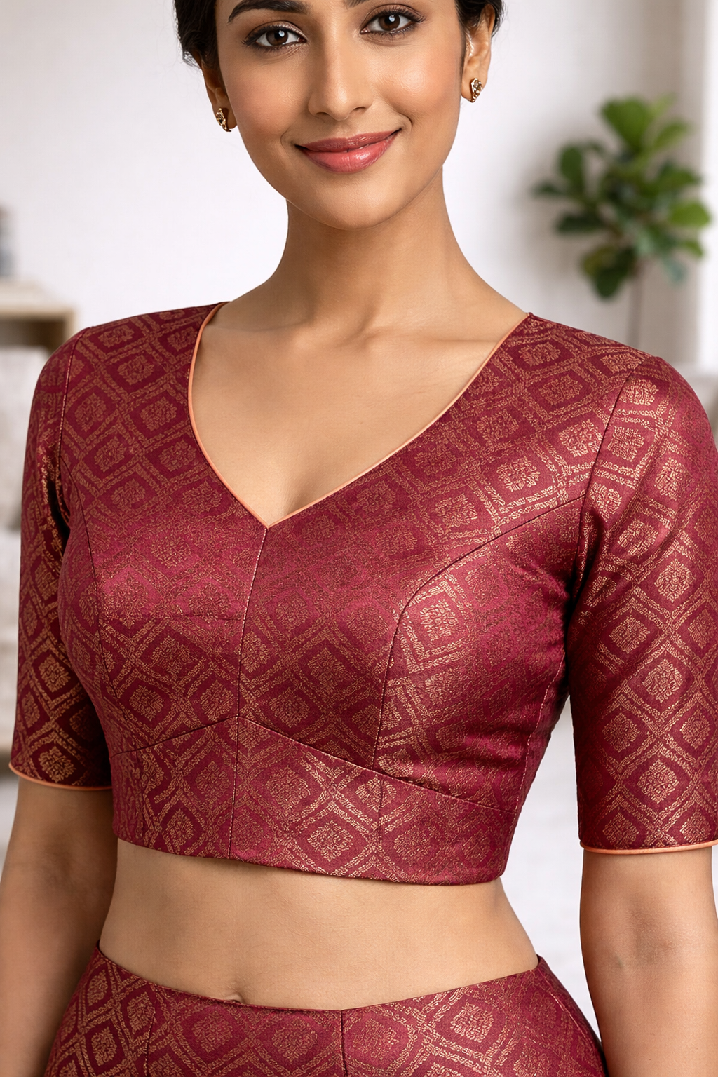 Maroon Silk Brocade Saree Blouse with Deep U-Back & V-Neck Design