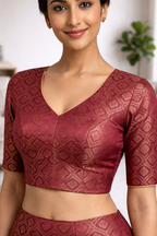 Maroon Silk Brocade Saree Blouse with Deep U-Back & V-Neck Design