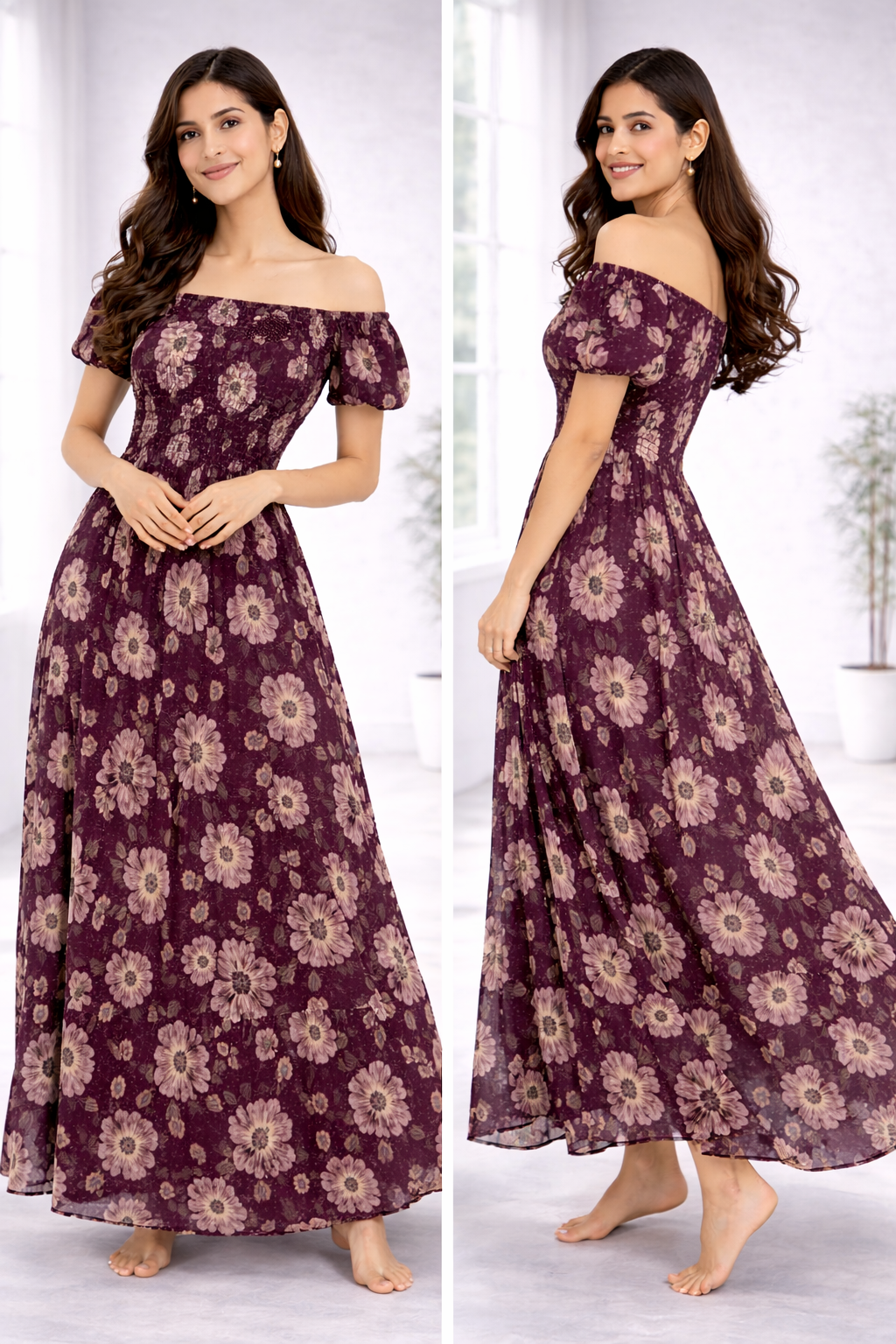 Women’s Maroon Floral Off-Shoulder Maxi Dress – Smocked Bodice, Flare Sleeve Western Dress