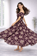 Women’s Maroon Floral Off-Shoulder Maxi Dress – Smocked Bodice, Flare Sleeve Western Dress