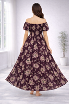 Women’s Maroon Floral Off-Shoulder Maxi Dress – Smocked Bodice, Flare Sleeve Western Dress