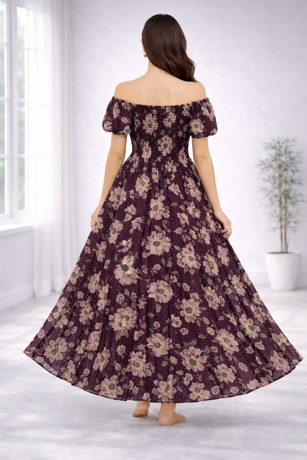 Women’s Maroon Floral Off-Shoulder Maxi Dress – Smocked Bodice, Flare Sleeve Western Dress