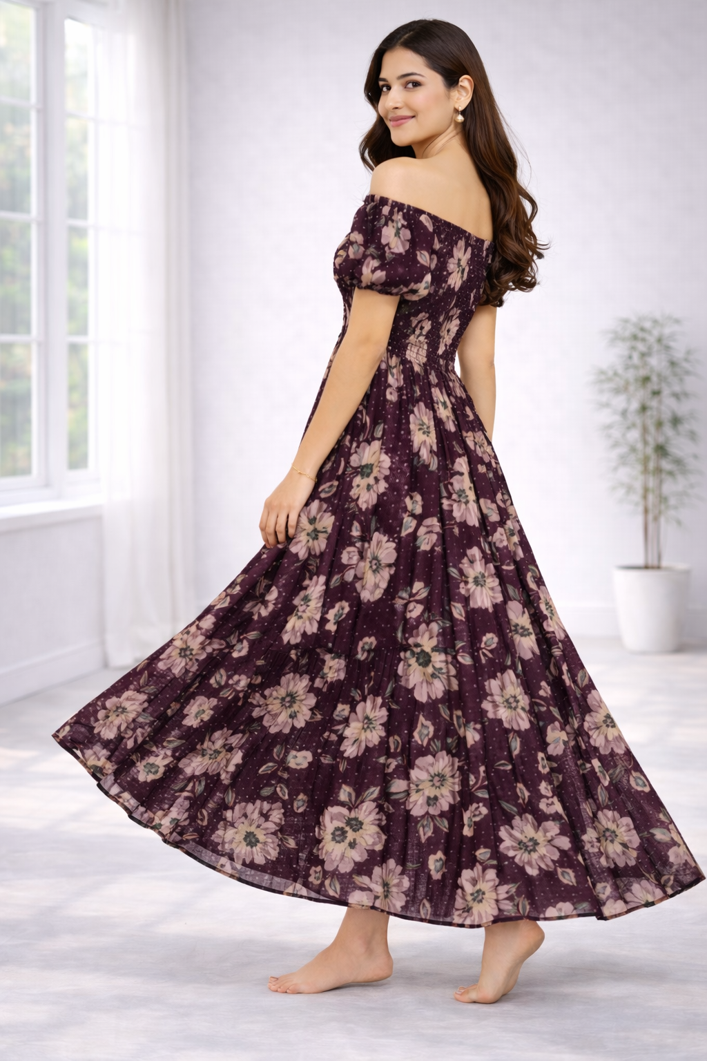 Women’s Maroon Floral Off-Shoulder Maxi Dress – Smocked Bodice, Flare Sleeve Western Dress