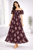 Women’s Maroon Floral Off-Shoulder Maxi Dress – Smocked Bodice, Flare Sleeve Western Dress