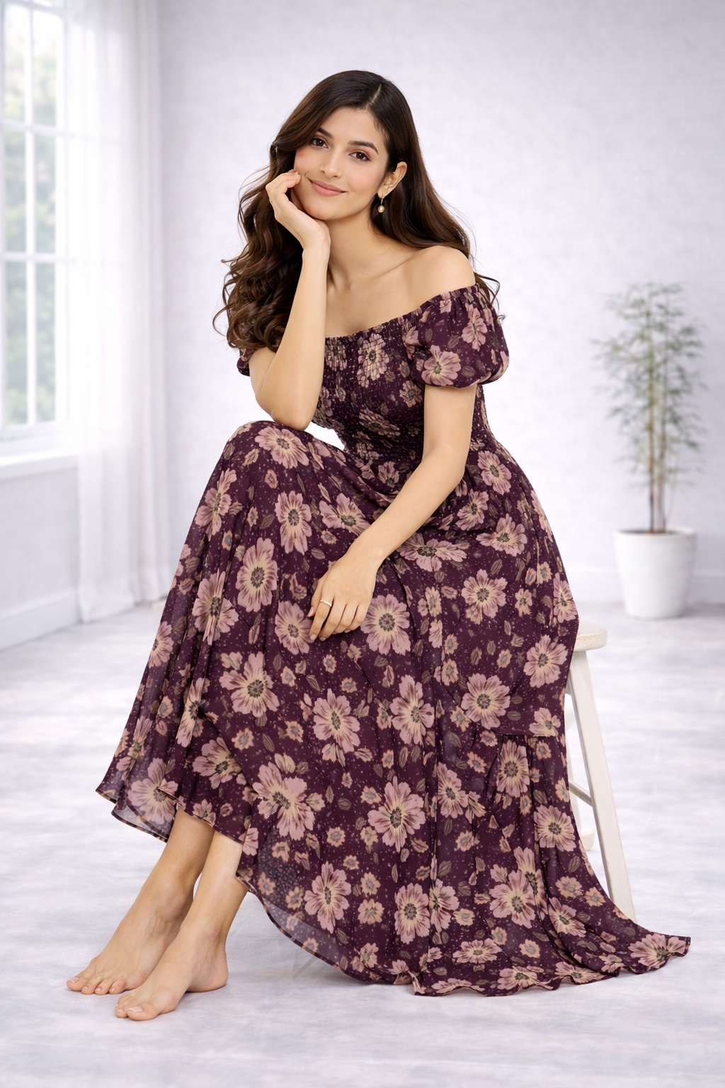 Women’s Maroon Floral Off-Shoulder Maxi Dress – Smocked Bodice, Flare Sleeve Western Dress