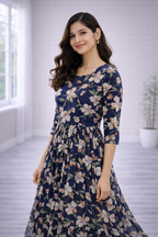 Women’s Navy Blue Floral Frock Style Western Top – Round Neck