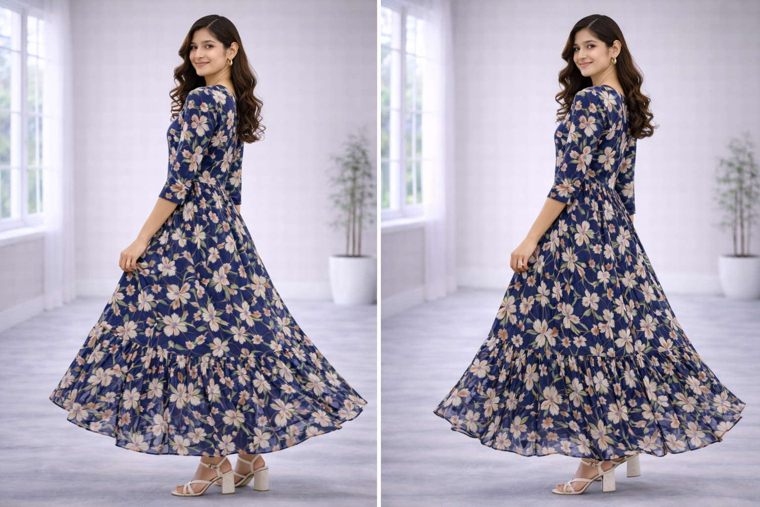 Women’s Navy Blue Floral Frock Style Western Top – Round Neck