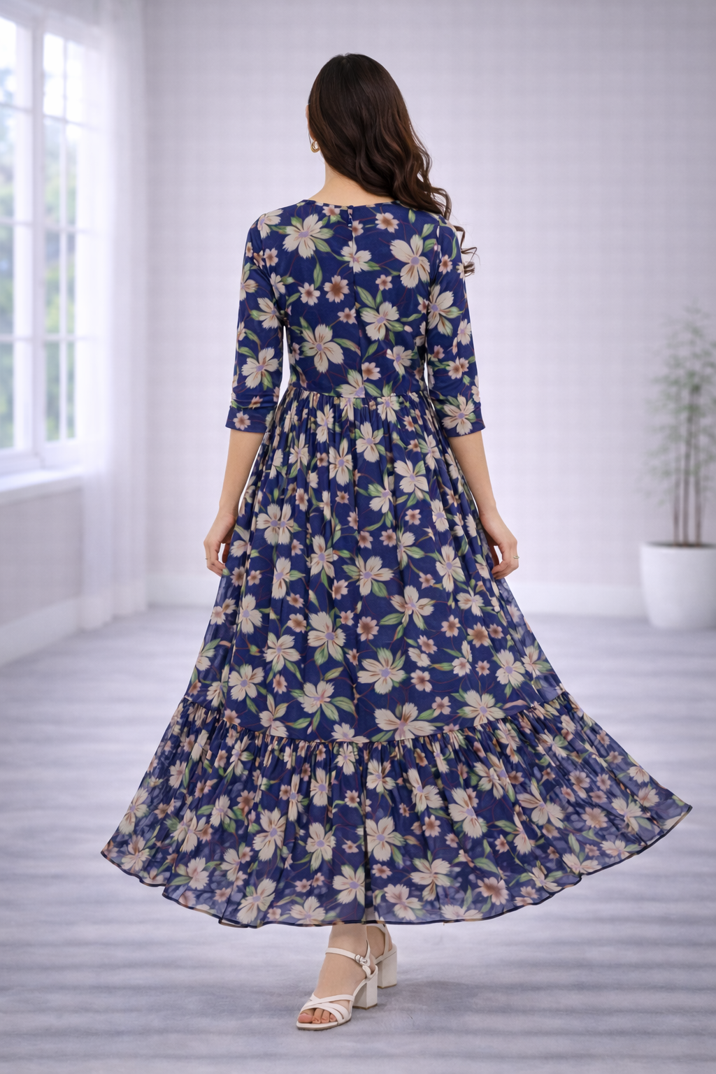 Women’s Navy Blue Floral Frock Style Western Top – Round Neck