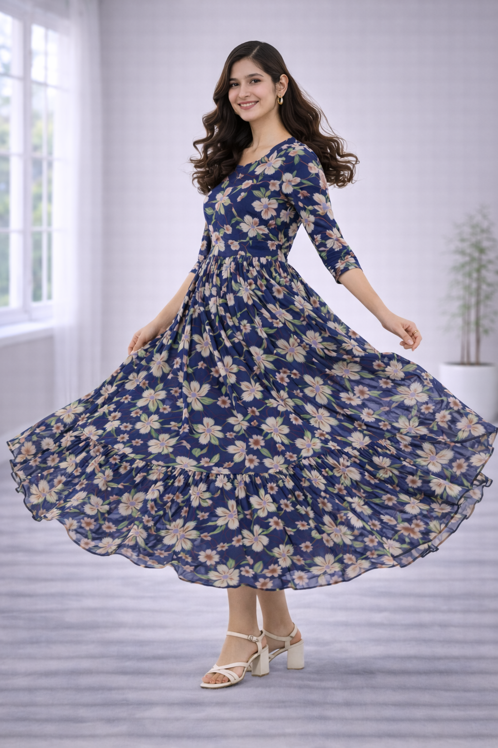 Women’s Navy Blue Floral Frock Style Western Top – Round Neck