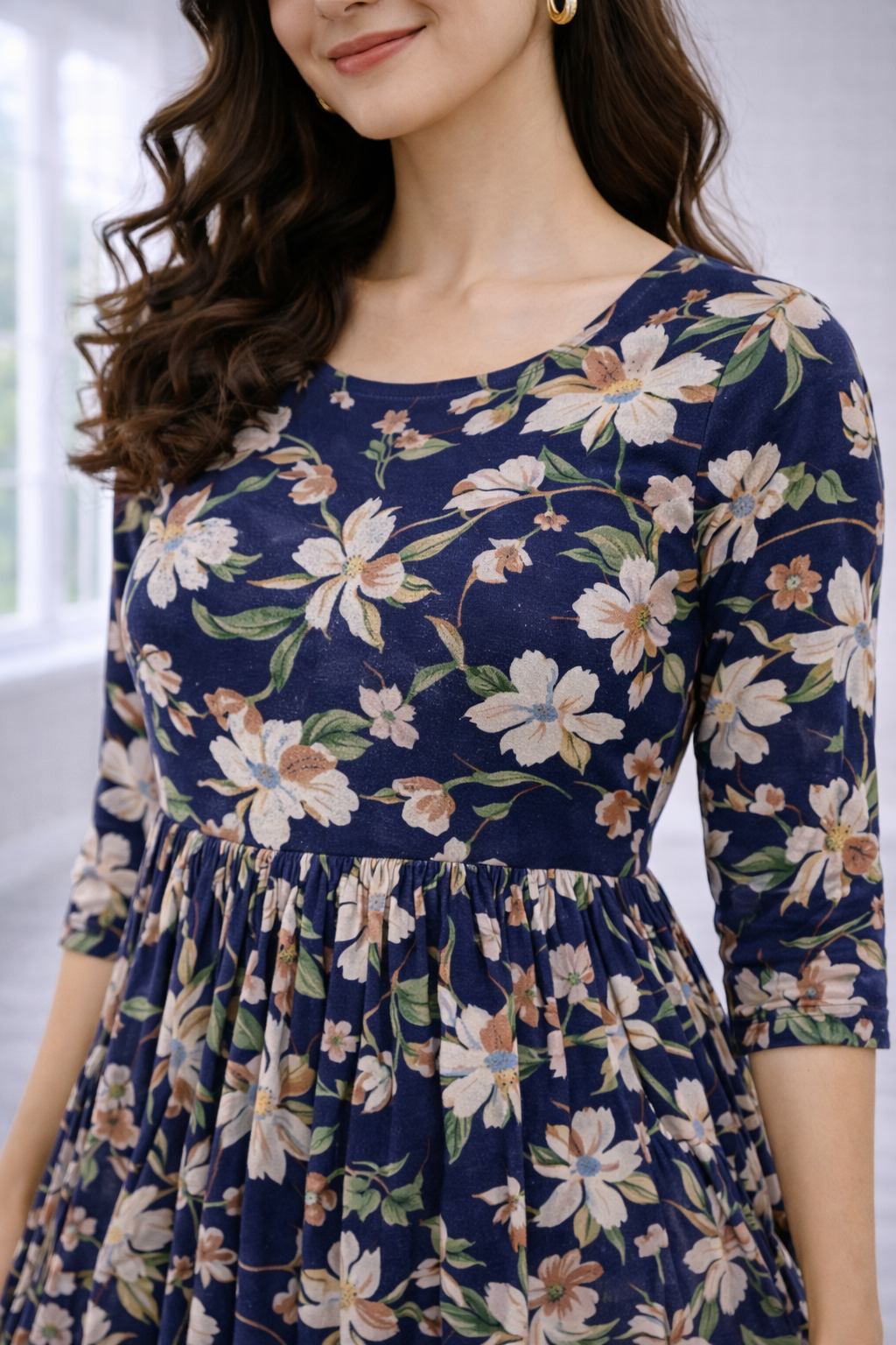 Women’s Navy Blue Floral Frock Style Western Top – Round Neck