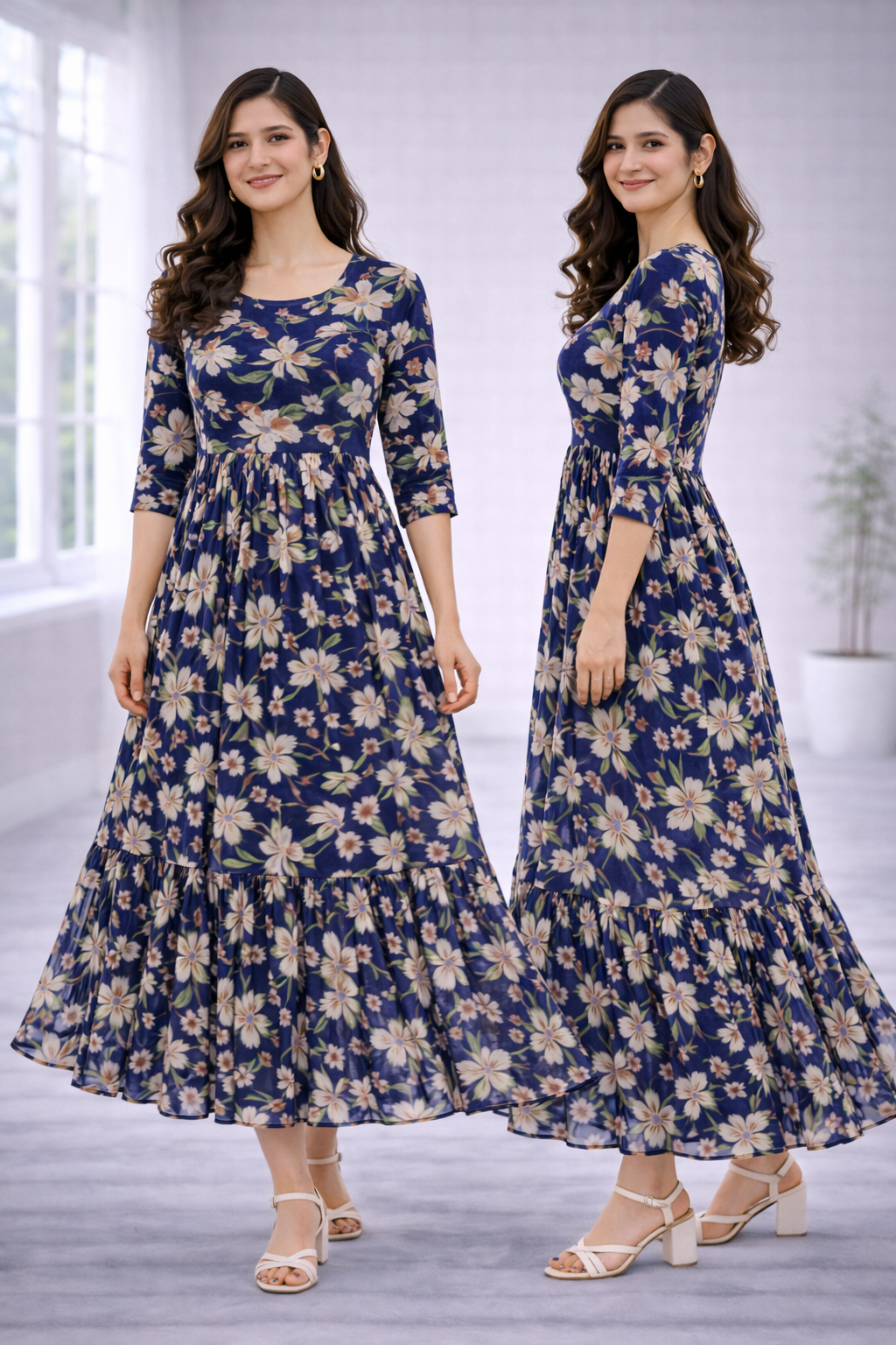 Women’s Navy Blue Floral Frock Style Western Top – Round Neck