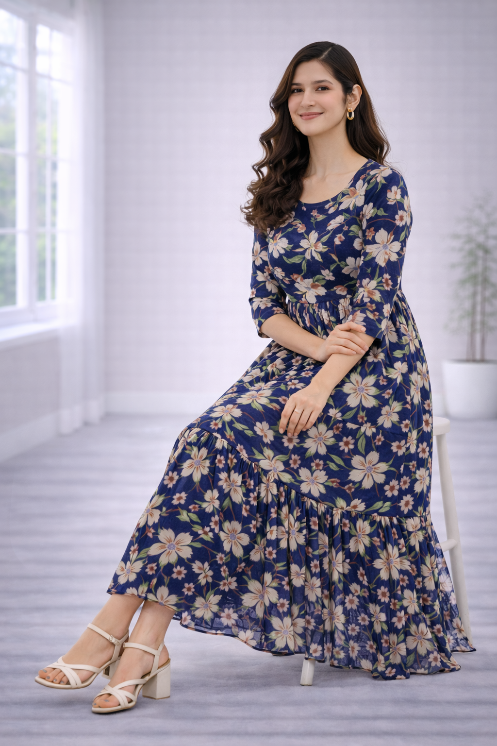 Women’s Navy Blue Floral Frock Style Western Top – Round Neck