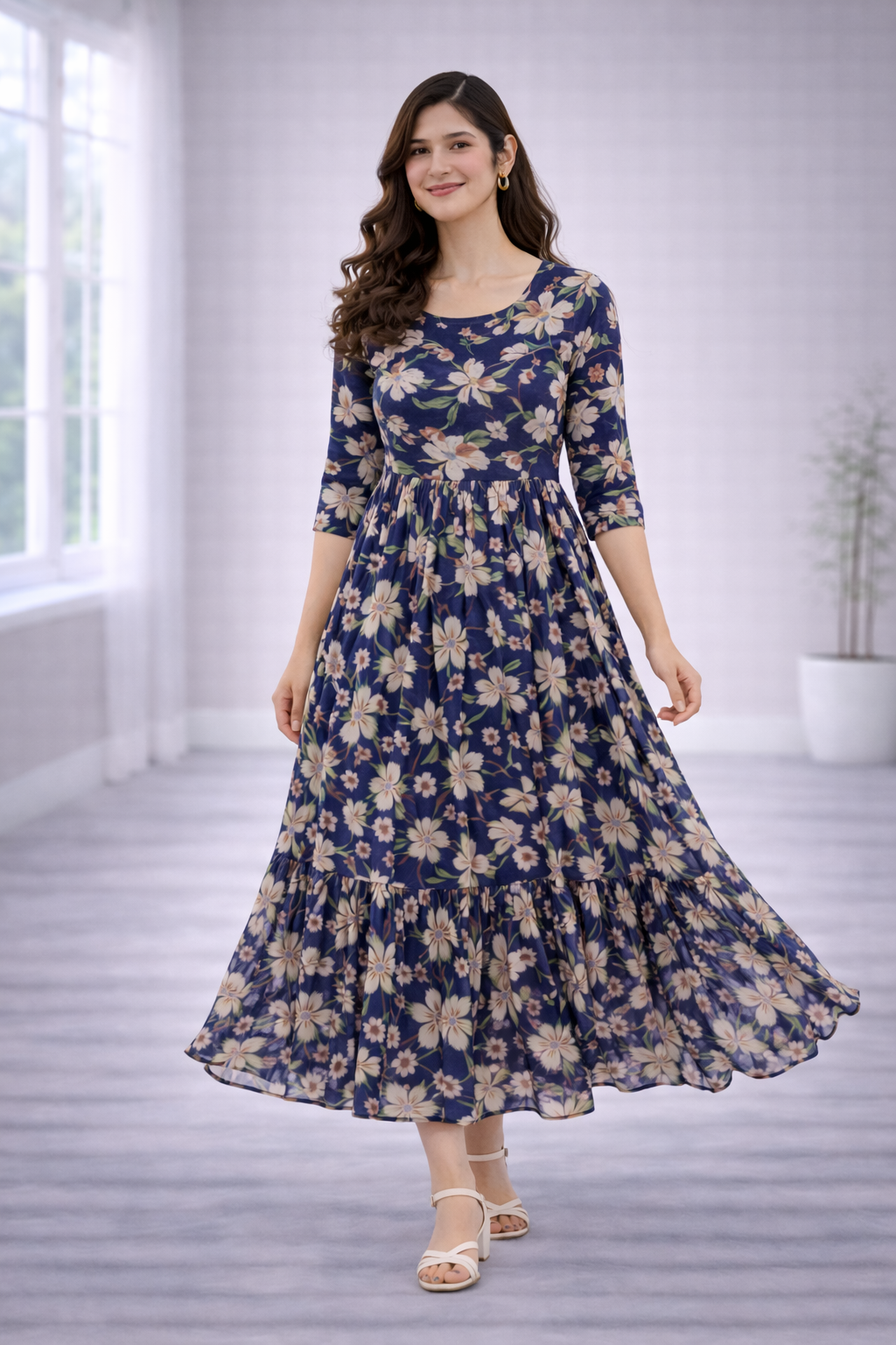 Women’s Navy Blue Floral Frock Style Western Top – Round Neck