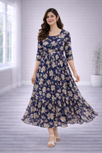 Women’s Navy Blue Floral Frock Style Western Top – Round Neck