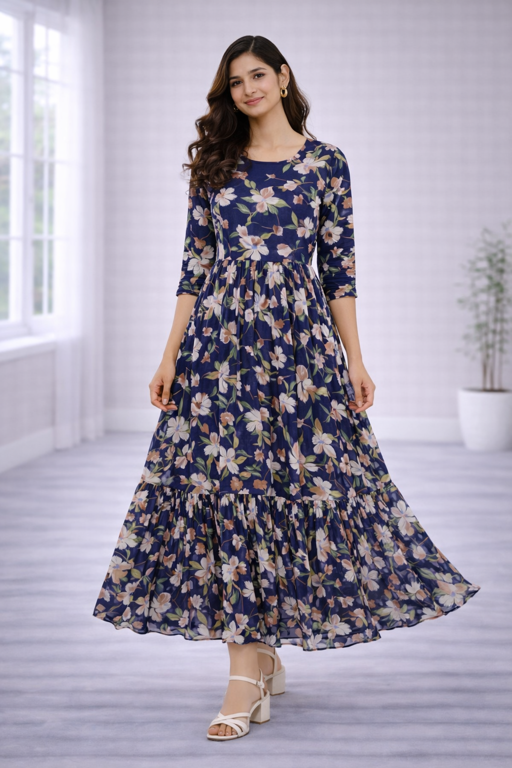 Women’s Navy Blue Floral Frock Style Western Top – Round Neck