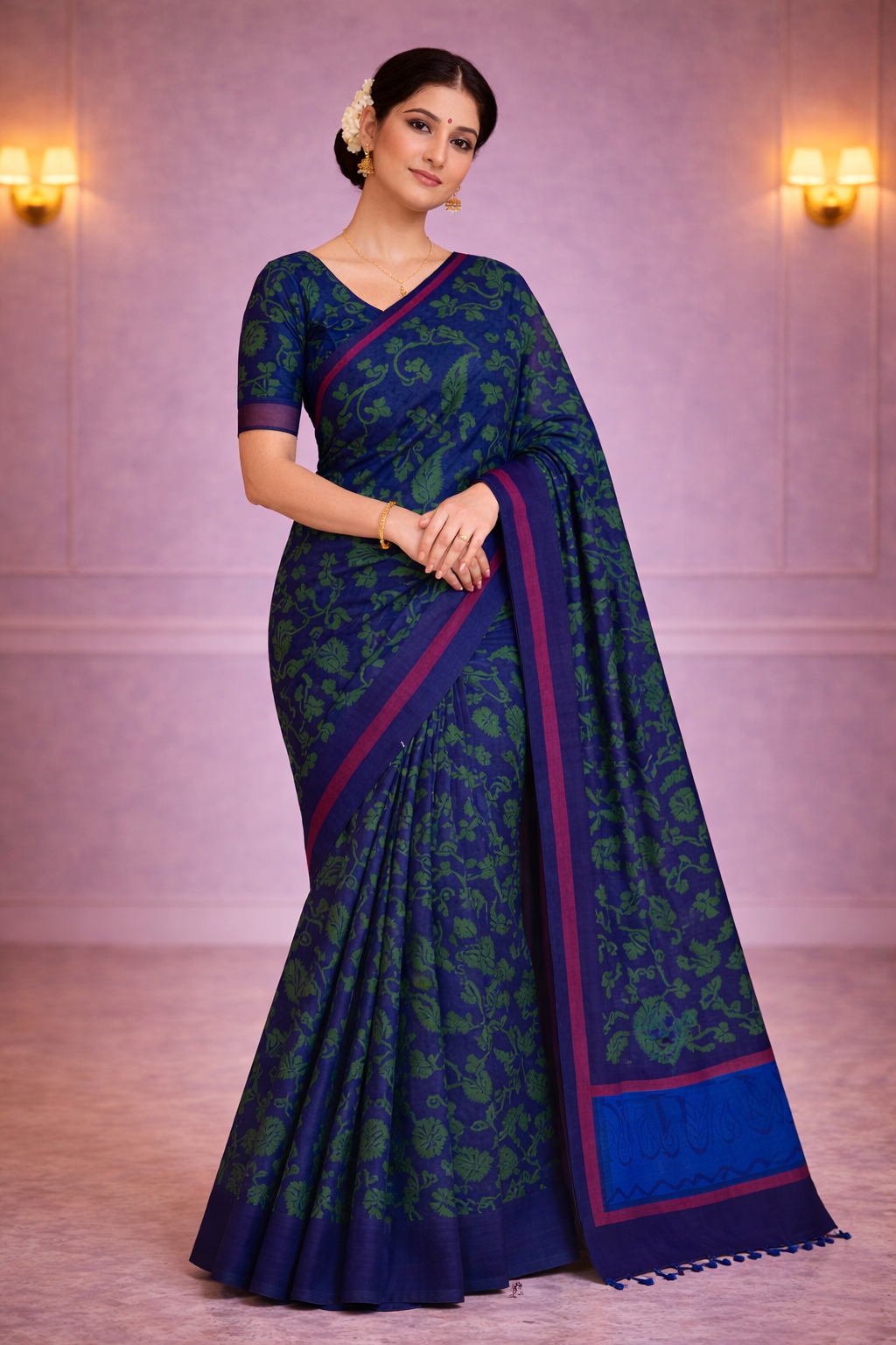 Navy Blue Cotton Saree with Green Print - Elegant Wear